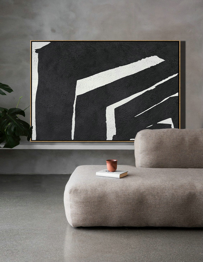 Large Canvas Wall Art For Sale,Hand Painted Oversized Horizontal Minimal Art On Canvas, Black And White Minimalist Painting - Contemporary Art Acrylic Painting